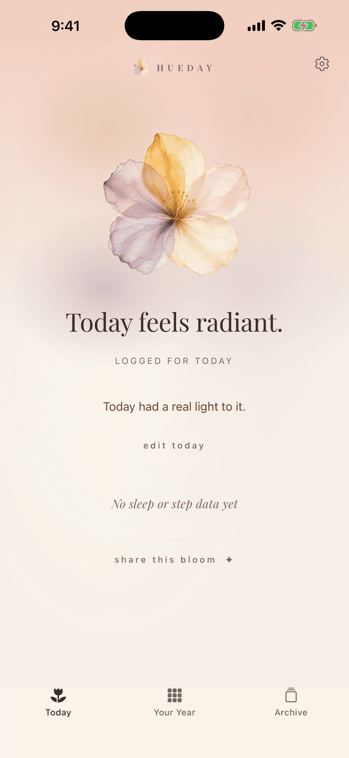 The HUEDAY Today screen after logging: the watercolor flower on a peach wash, the words Today feels radiant, and the line Today had a real light to it.